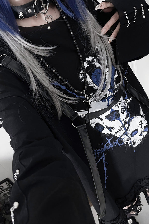 Belt Spliced Subculture Print Long-Sleeve T-Shirt
