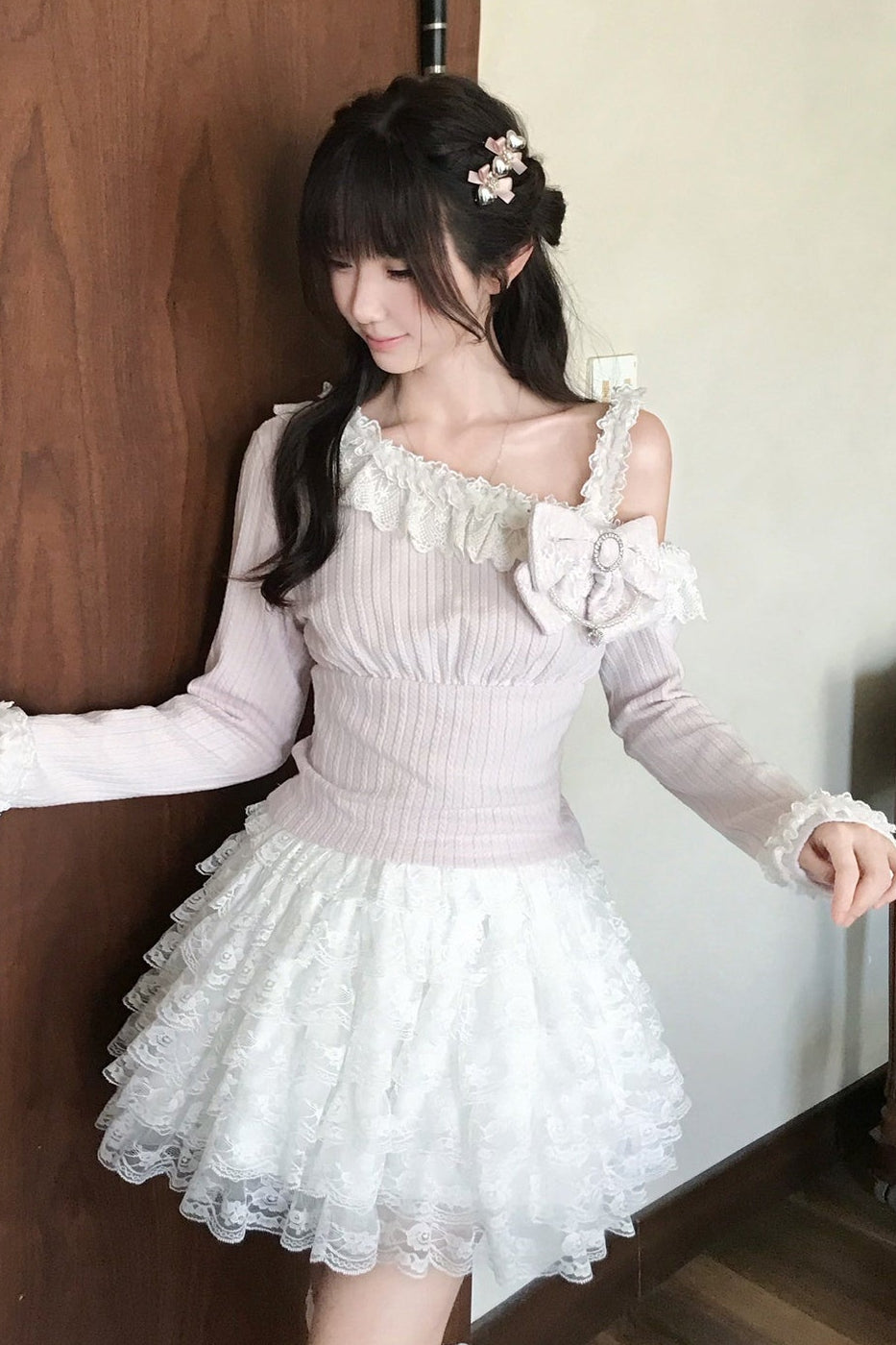 Pink Off-Shoulder Knit Top and Skirt Set
