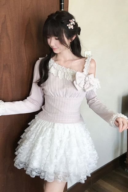 Pink Off-Shoulder Knit Top and Skirt Set