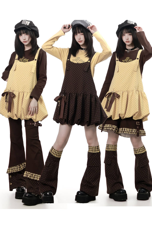 Polka Dot Floral Bud Suspender Dress and Long Sleeve Set-Up