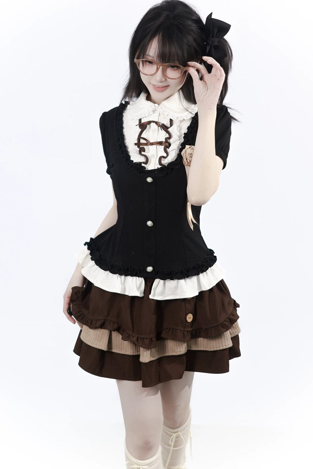 Rose Brown Lace Knit Top + Skirt