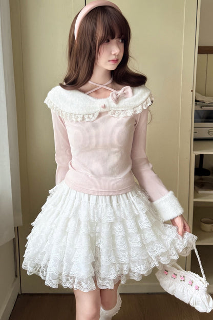 Cat Plush Collar Halter Knit Top and Skirt Set