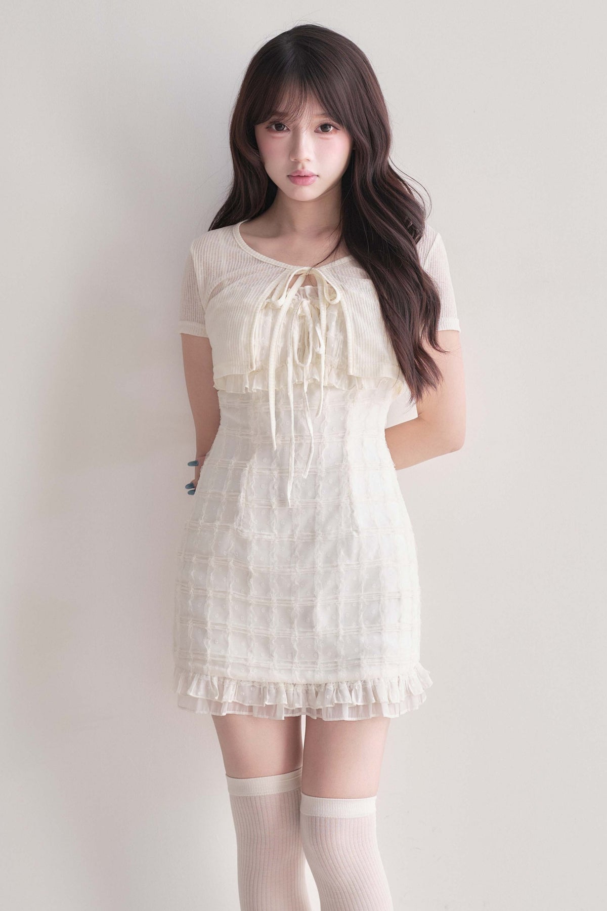 Elegant Ribbon Cardigan & Lace Dress Set