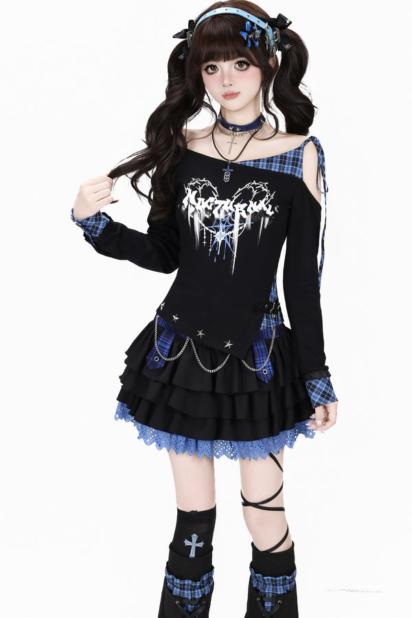 Asymmetrical Plaid Tie-Up Long Sleeve T-Shirt Set-Up