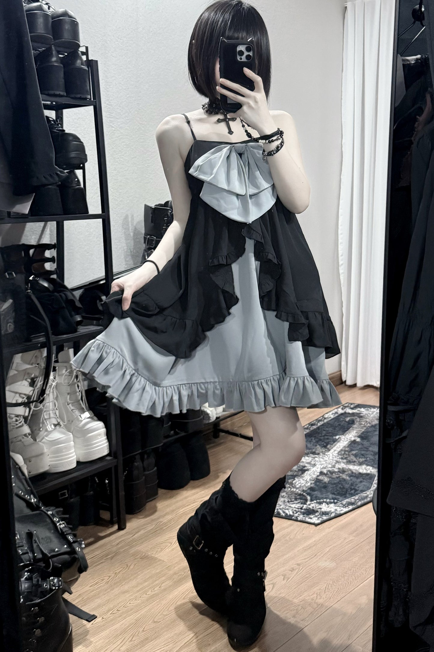 Double-Layer Open-Front Large Bow Suspender Dress