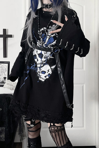 Belt Spliced Subculture Print Long-Sleeve T-Shirt