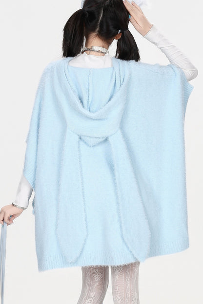 Hooded Bunny Faux Mink Knit Cape