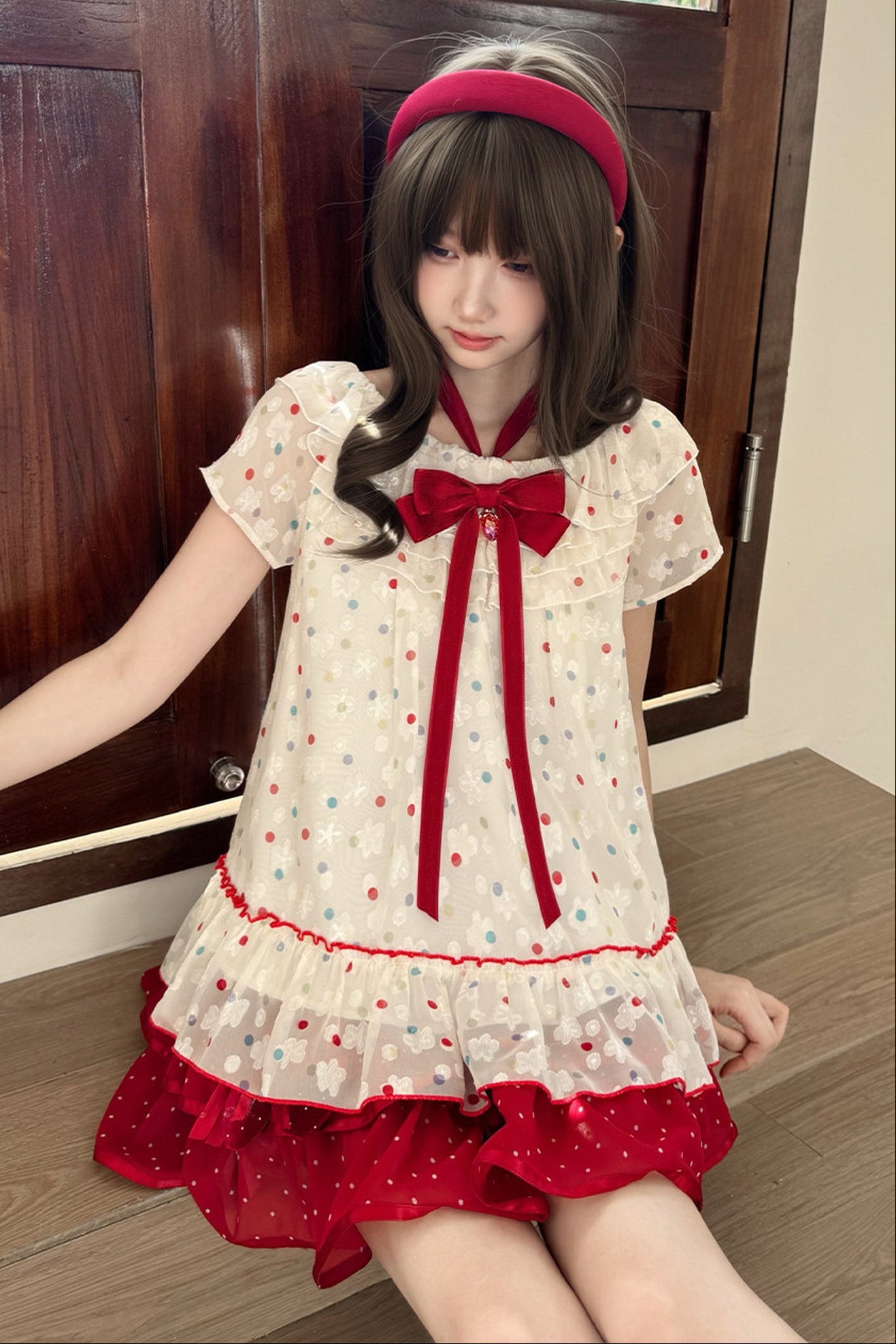 Berry Rococo Polka Dot Floral Short Top and Skirt Set-Up