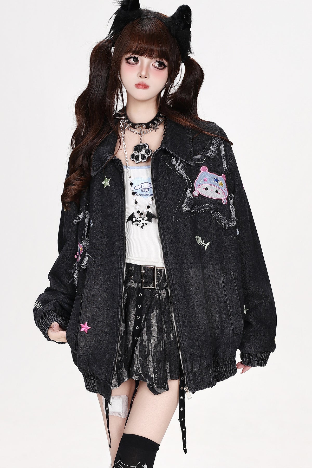 Jeansjacke mit Cartoon-Katzen-Patch