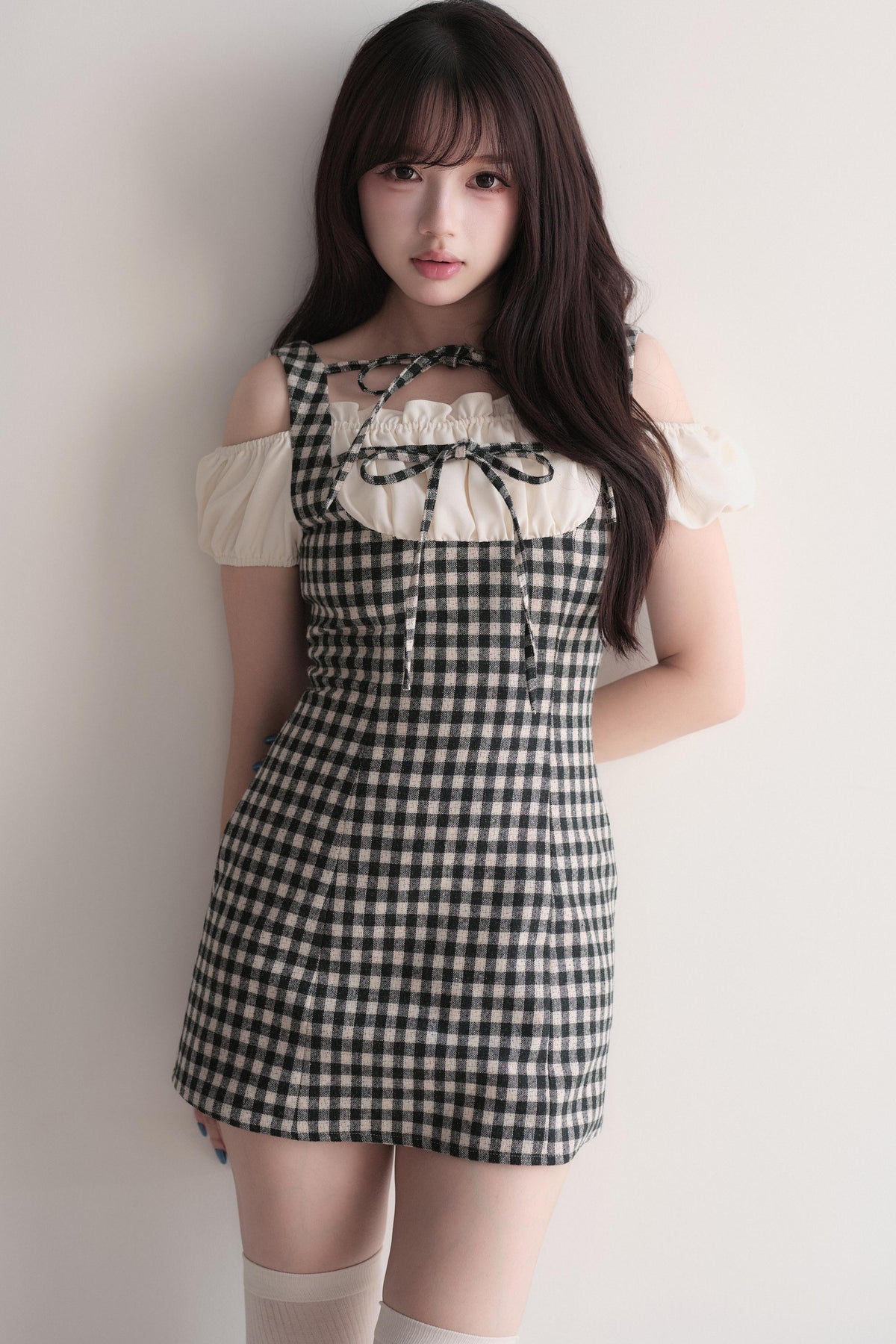 Small Checkered Off-Shoulder Tie Dress
