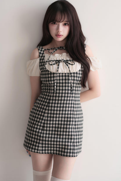 Small Checkered Off-Shoulder Tie Dress