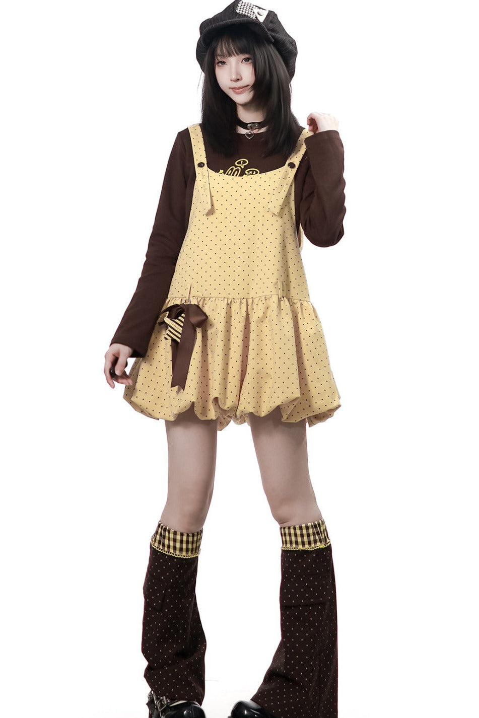 Polka Dot Floral Bud Suspender Dress and Long Sleeve Set-Up