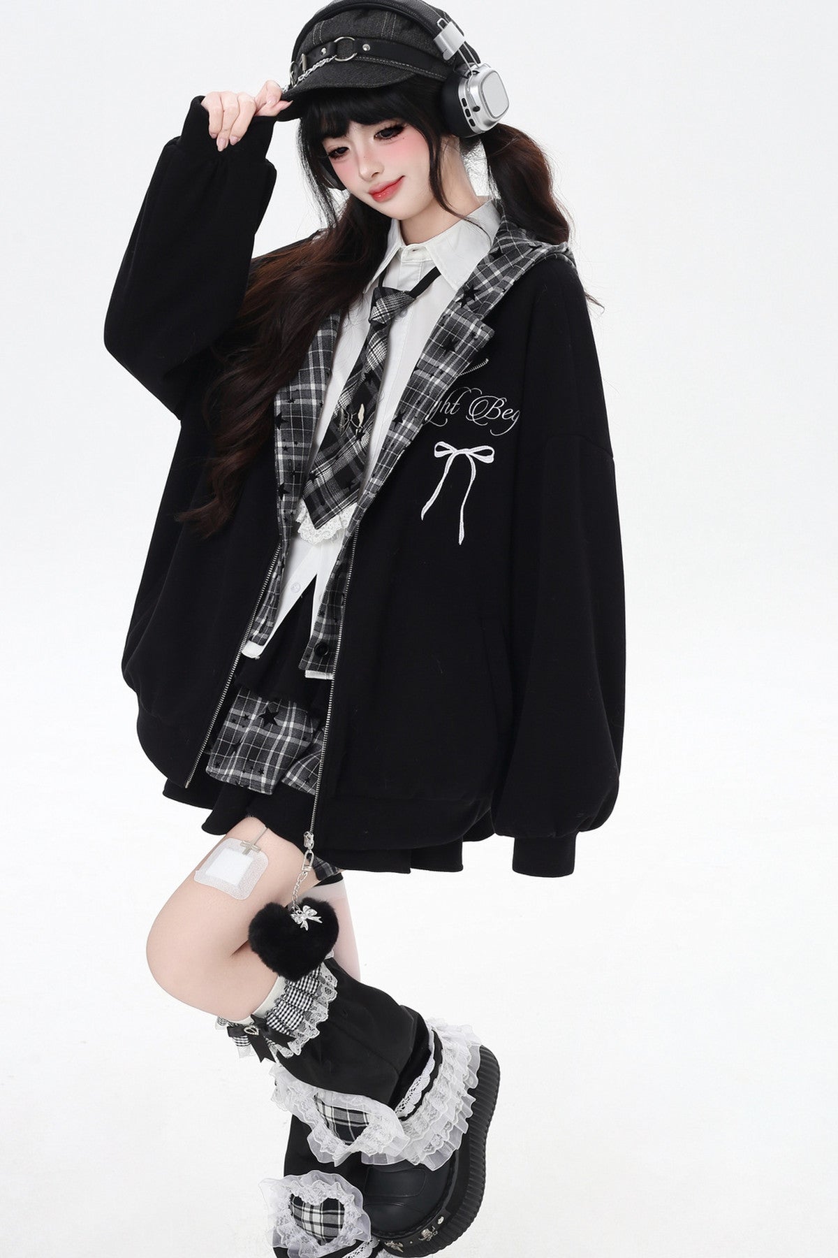 Plaid Rabbit Ear Embroidered Hooded Jacket