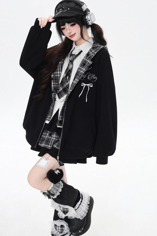 Plaid Rabbit Ear Embroidered Hooded Jacket