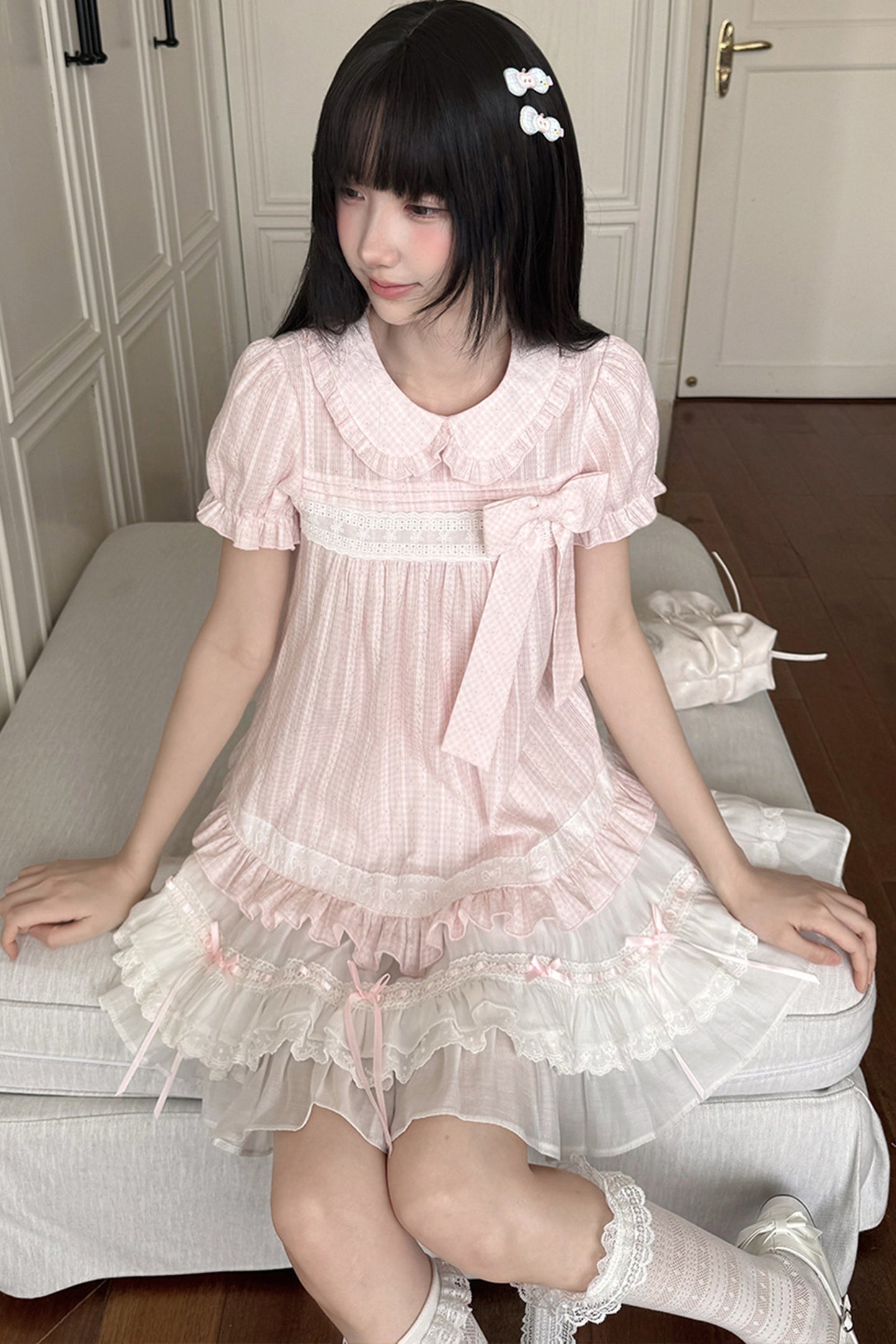 Loose Peach Textured Plaid Doll Shirt And Lace Dress Set-Up