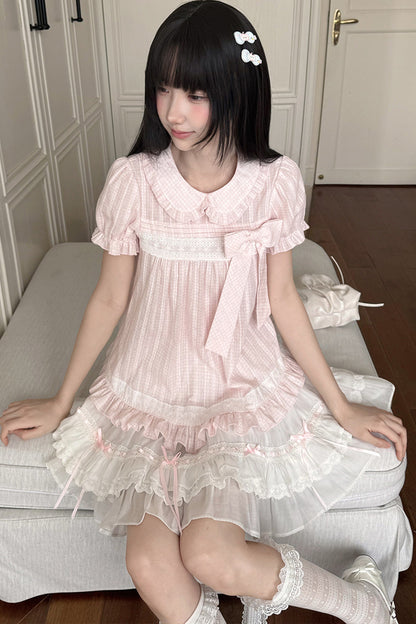 Loose Peach Textured Plaid Doll Shirt And Lace Dress Set-Up
