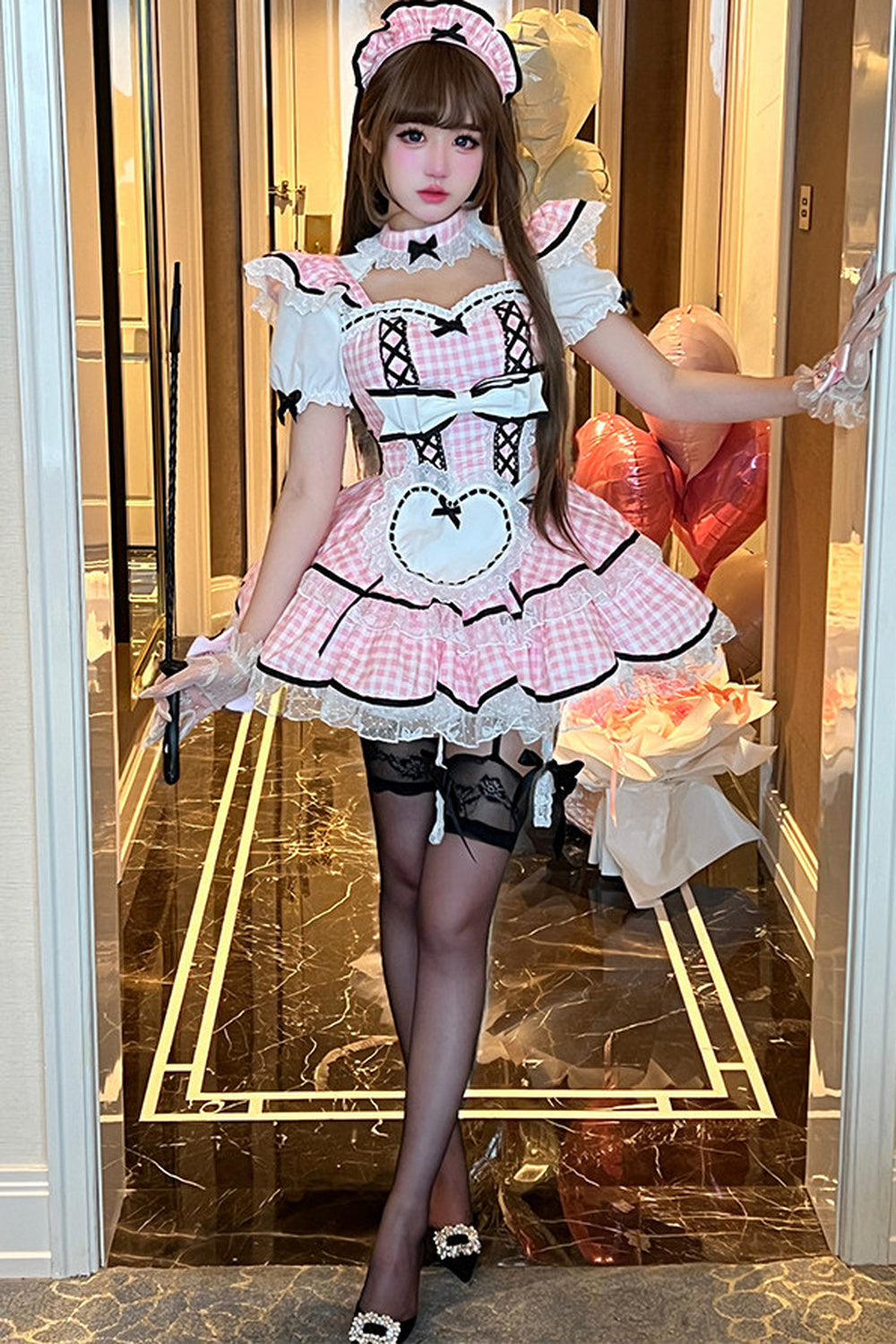 うさみみピンクギンガムメイドドレス