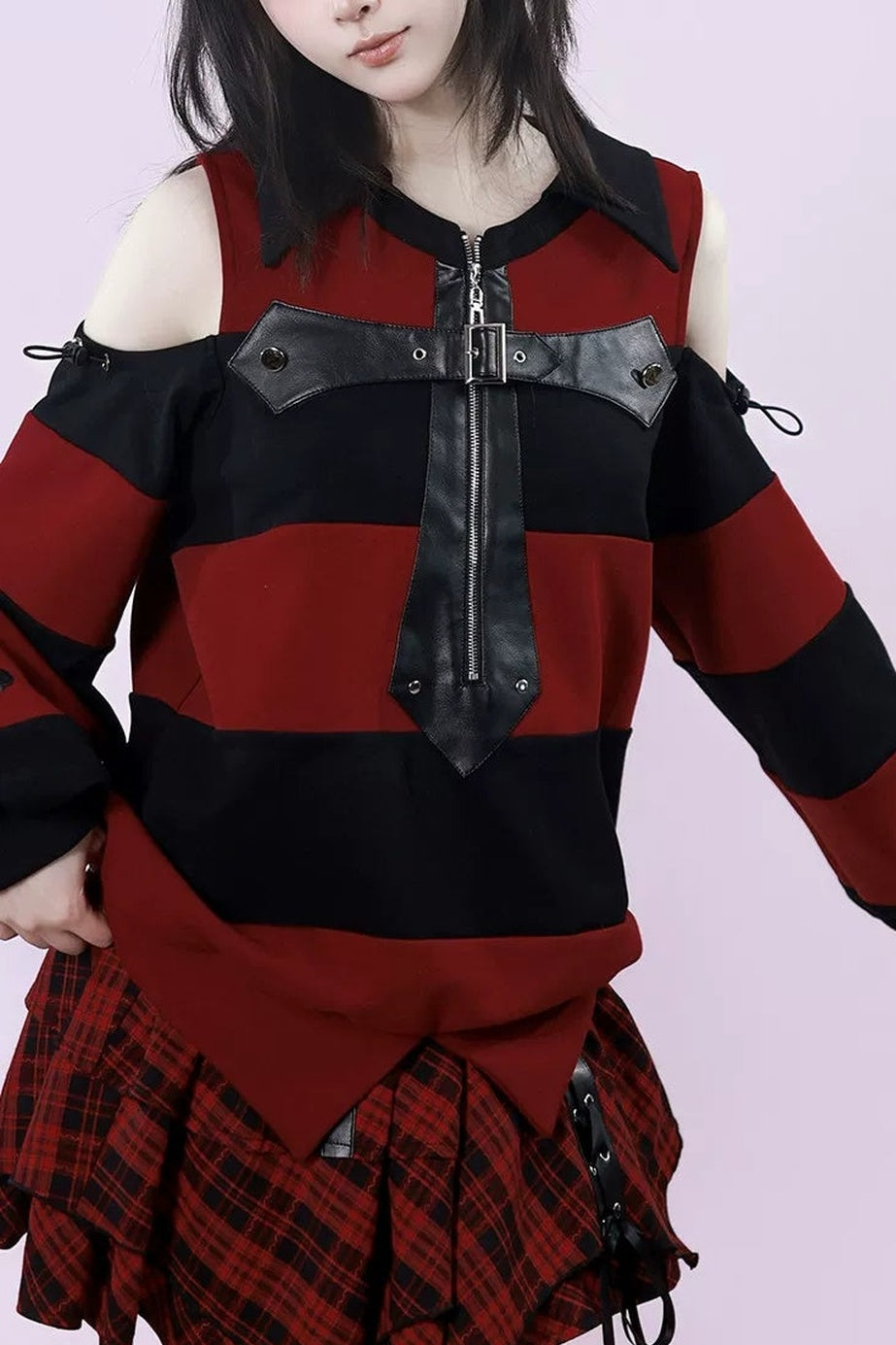 Striped Leather Trim Off-Shoulder Sweatshirt