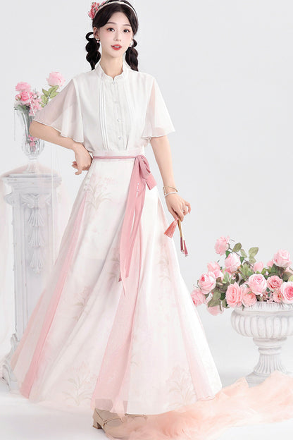 Rosa Hanfu-Hemd-und-Rock-Set mit nebligen Tulpen
