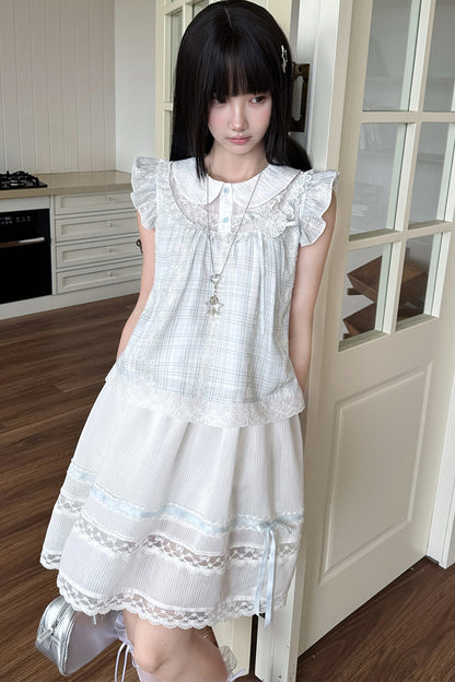 Light Blue Plaid Loose Doll Top and Skirt Set-Up