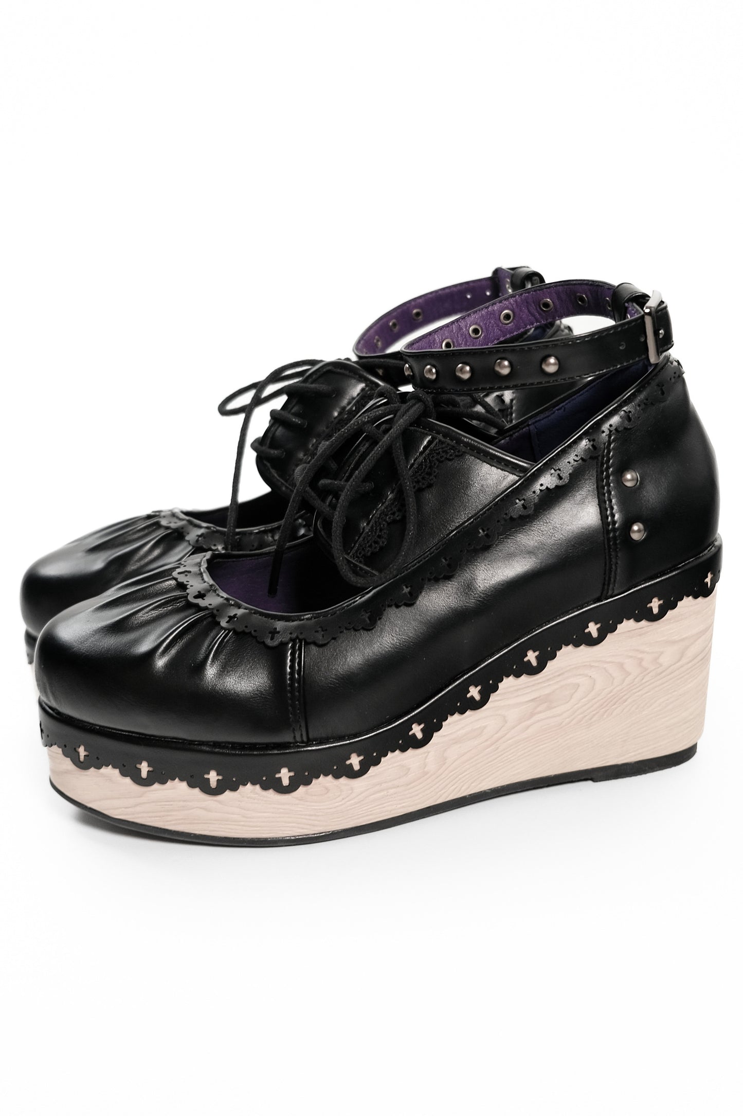 Gothic Lace Wood Grain Platform Wedge Shoes