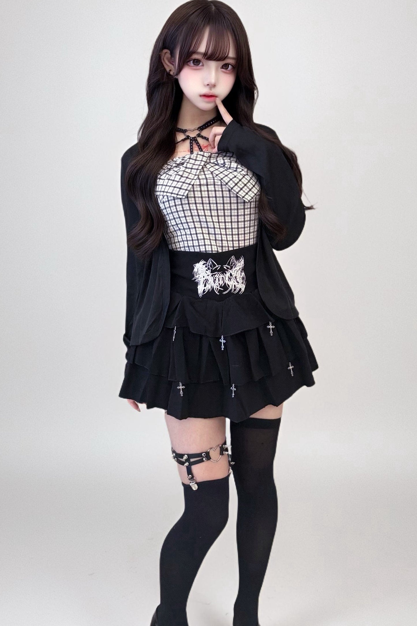 Plaid Camisole Jacket and Cross Skirt Set-Up