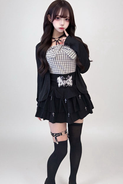 Plaid Camisole Jacket and Cross Skirt Set-Up
