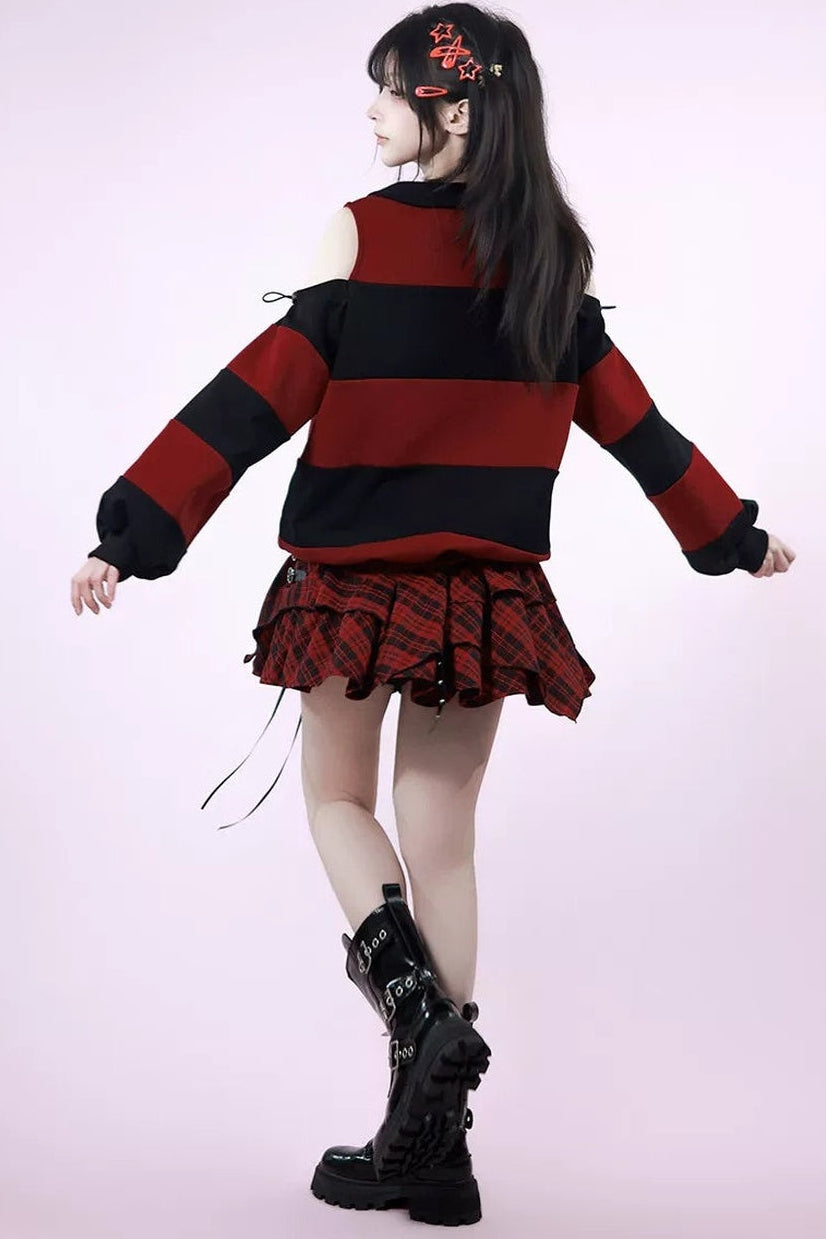 Striped Leather Trim Off-Shoulder Sweatshirt