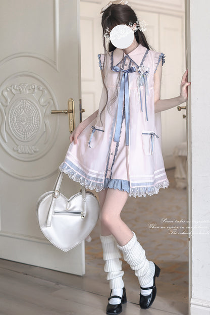 Chinese-Style Pink Blue Sleeveless Dress Set-Up