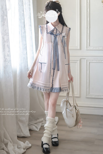Chinese-Style Pink Blue Sleeveless Dress Set-Up