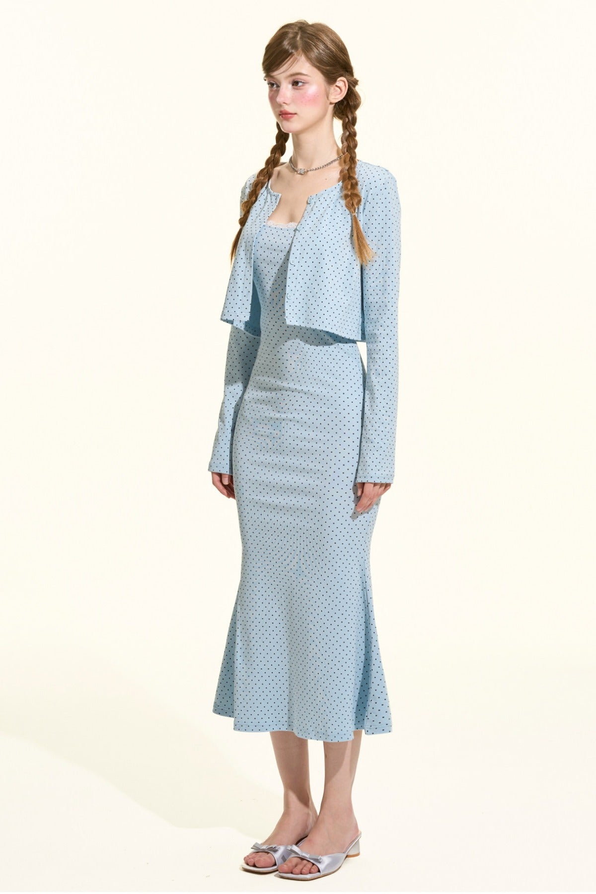 Blue Polka Dot Cami Dress Cardigan Set-Up