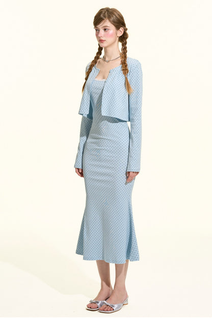 Blue Polka Dot Cami Dress Cardigan Set-Up