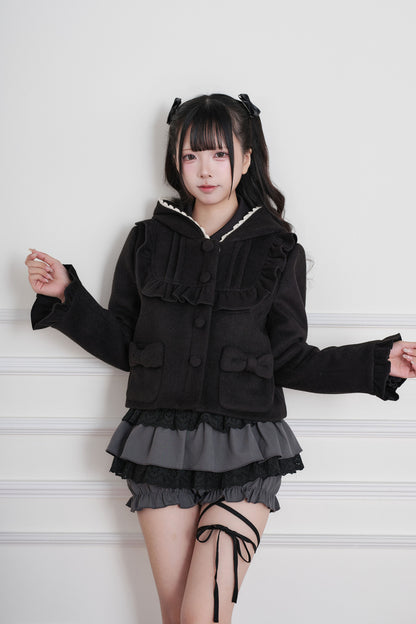 Ruffle Hooded Wool Jacket