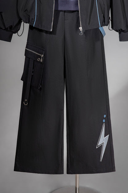 Schwarz-blaues Colorblock-Workwear-Jacken-Sweatshirt und weite Hose im Set