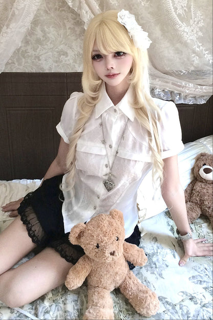 White Short-Sleeved Lace Waist-Cinching Shirt