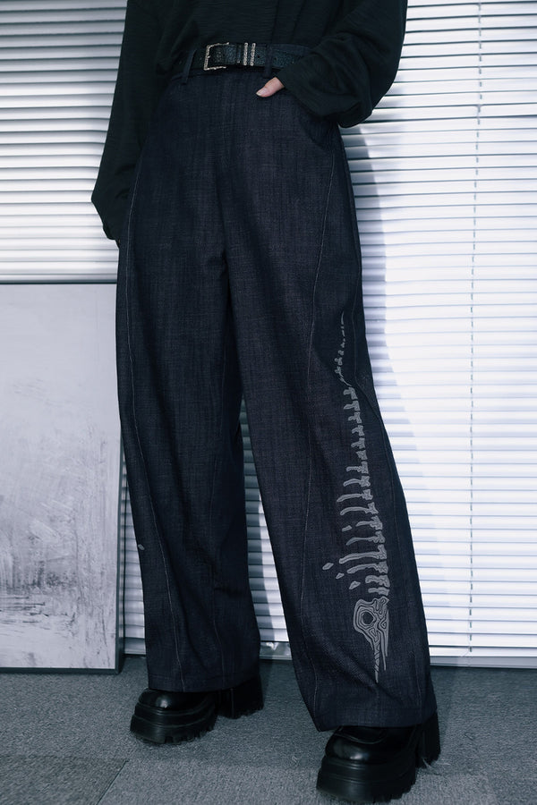 3D Embossed Print Wide Leg Jeans