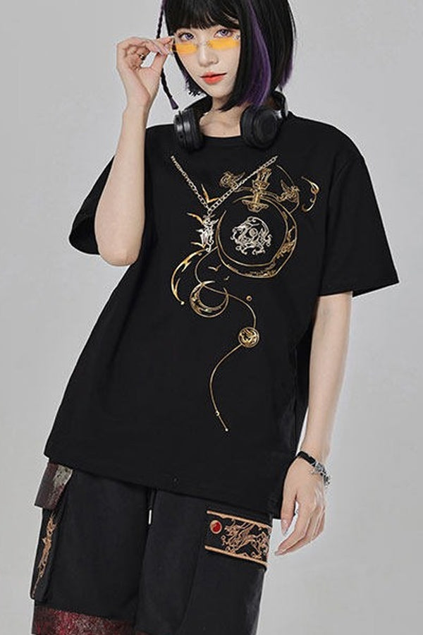 Short-Sleeve Dragon Embroidered T-Shirt and Shorts Set-Up