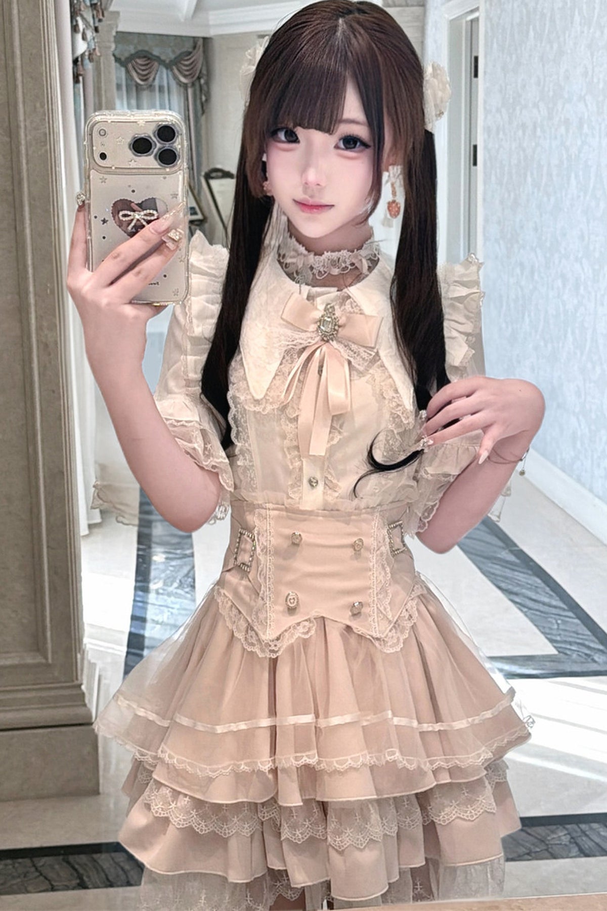 Cherry Short-Sleeved Lace Collar Shirt and Skirt Set-Up