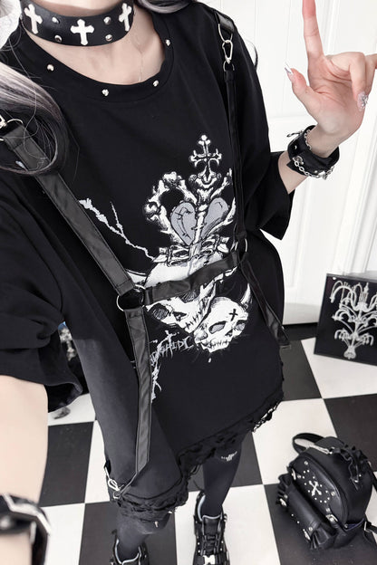 Loose Short-Sleeve Belted Patchwork T-Shirt