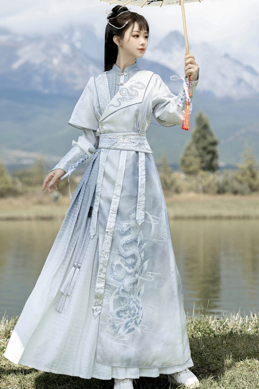 Silver Snake Improved Hanfu Dress and Jacket Set-Up
