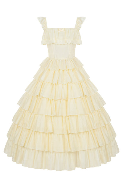 Seven-Layer Ruffle Square Neck Dress, Hair Accessory and Jacket Set-Up