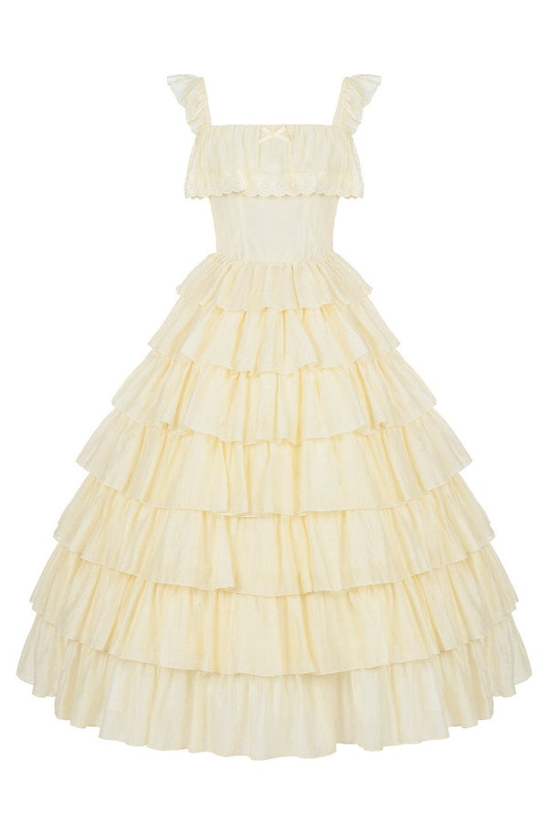 Seven-Layer Ruffle Square Neck Dress, Hair Accessory and Jacket Set-Up