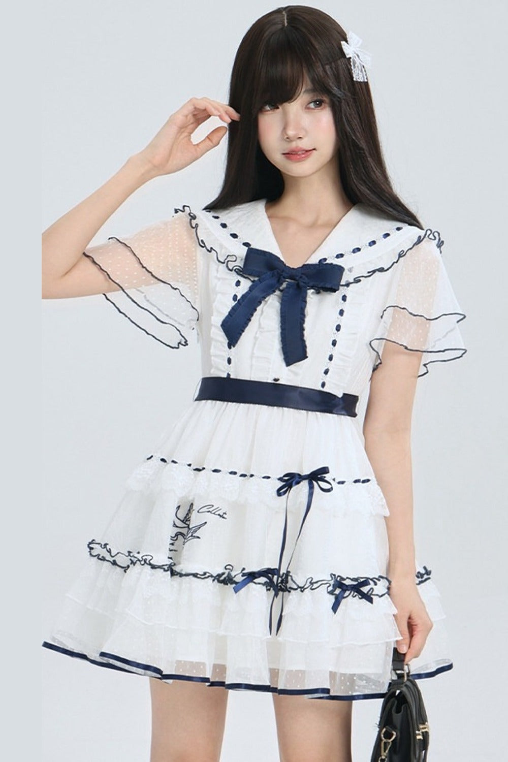 Navy Collar Bird Embroidery Tiered Ribbon Dress