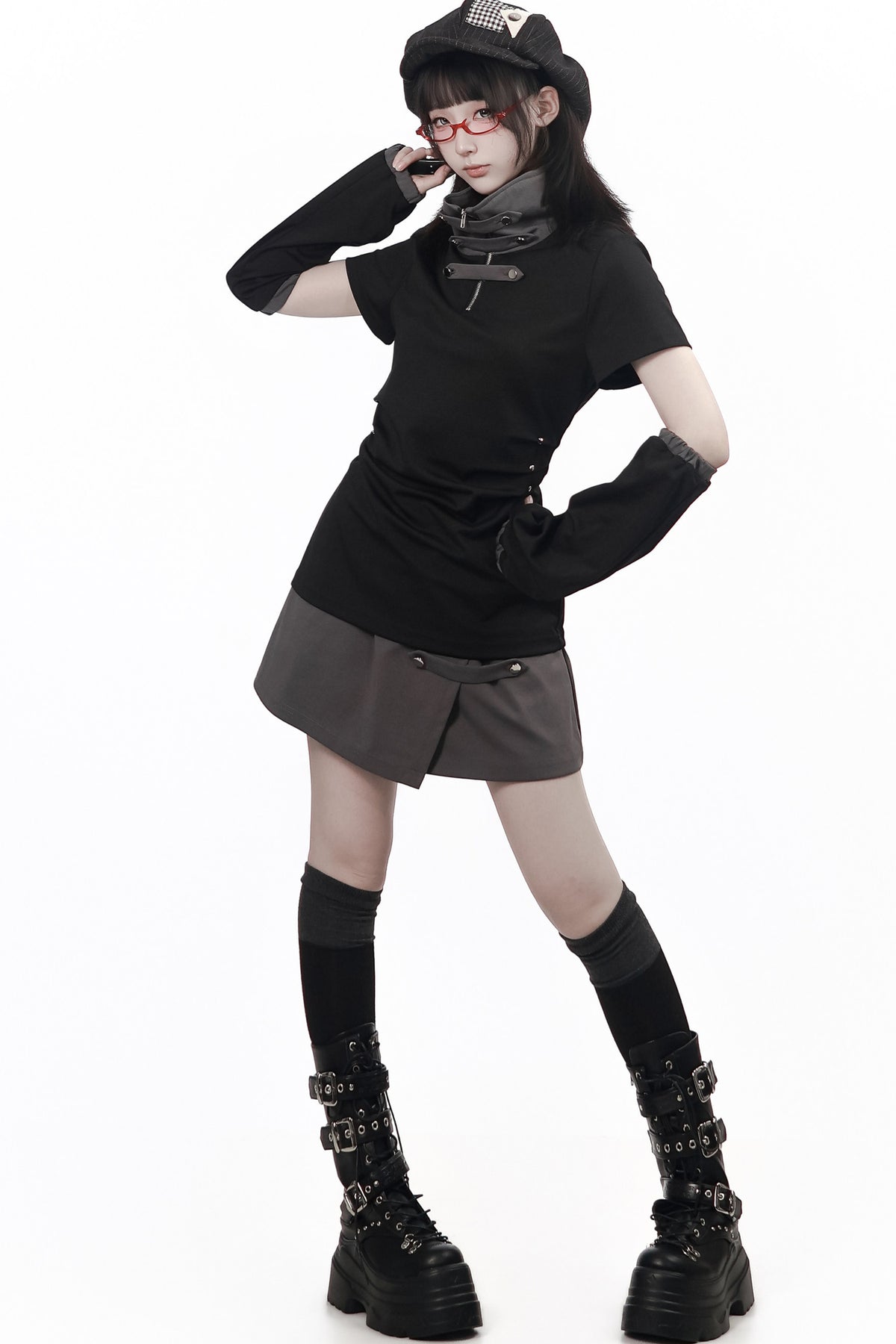 Black and Gray Stand-Up Collar Summer Short Skirt Set-Up
