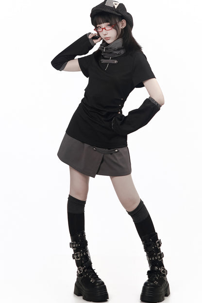 Black and Gray Stand-Up Collar Summer Short Skirt Set-Up