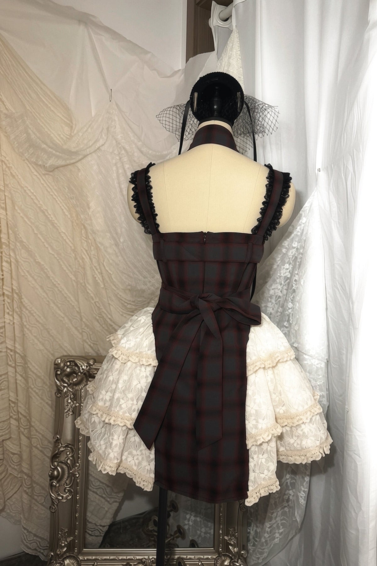 Gray Plaid Printed Lace-Up Dress