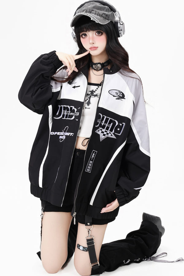 Loose Biker Baseball Jacket With Skirt Set-Up