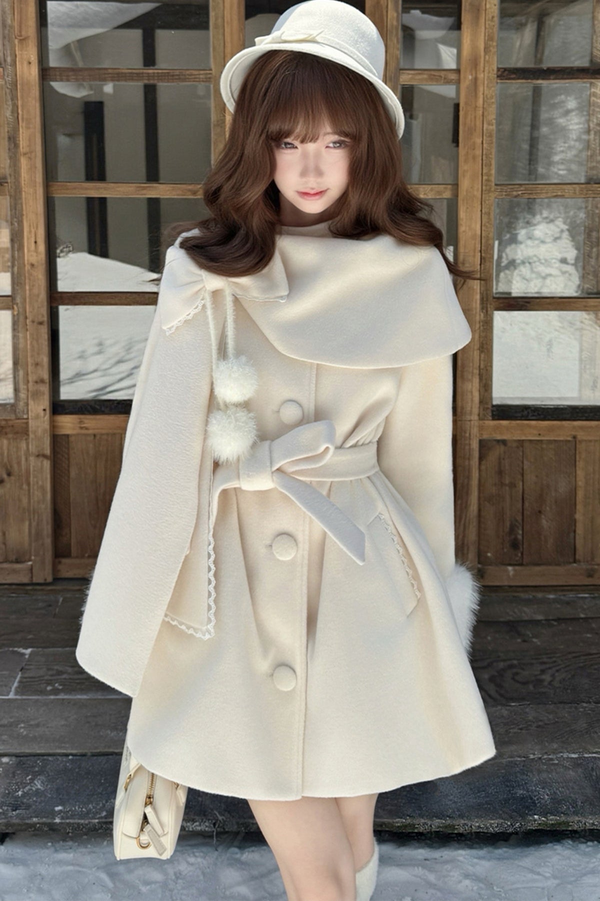 Apricot Wool Cape Coat and Skirt Set