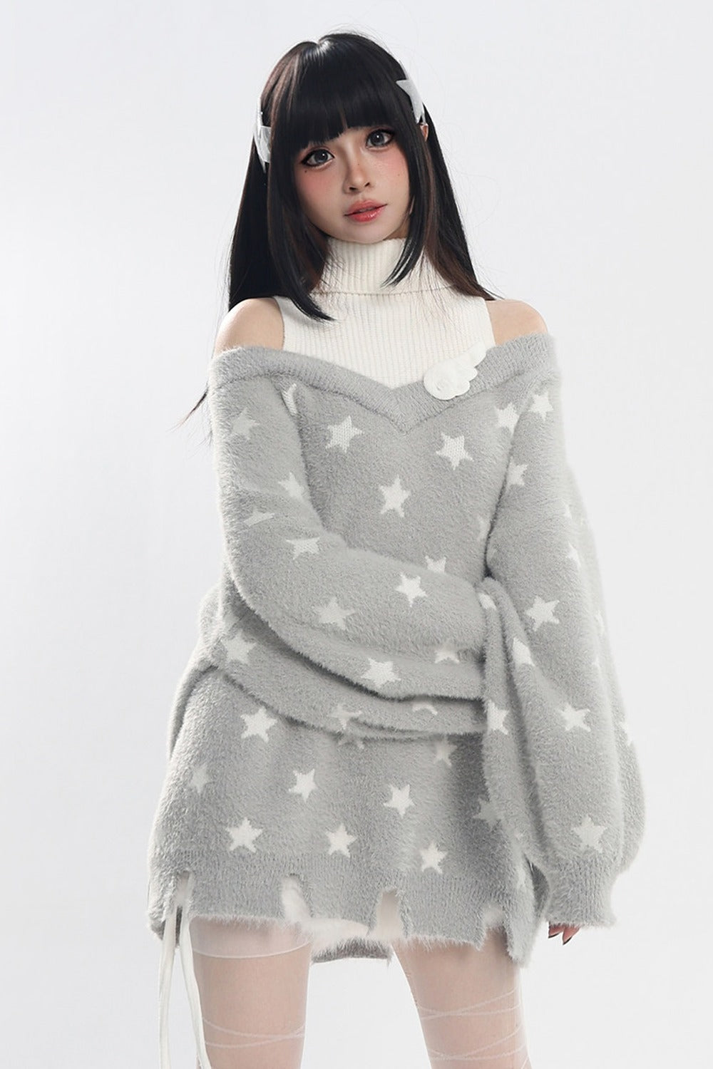 Star Off-Shoulder Layered-Look Sweater