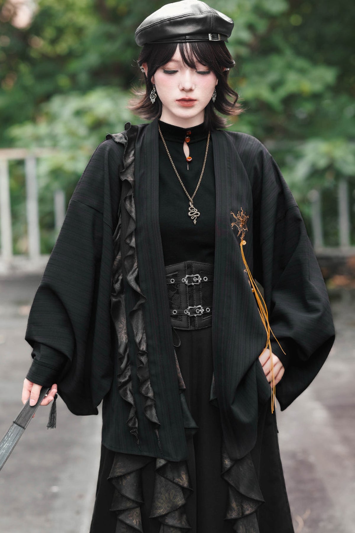 Loose Black Lace Trim Embroidery Tassel Cardigan